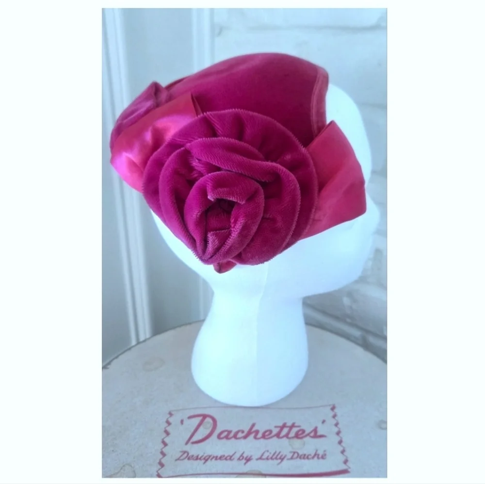 Vtg 1950s Lilly Daché Floral Calot Hat, Ribbon, Velvet, S/7 - Picture 15 of 15